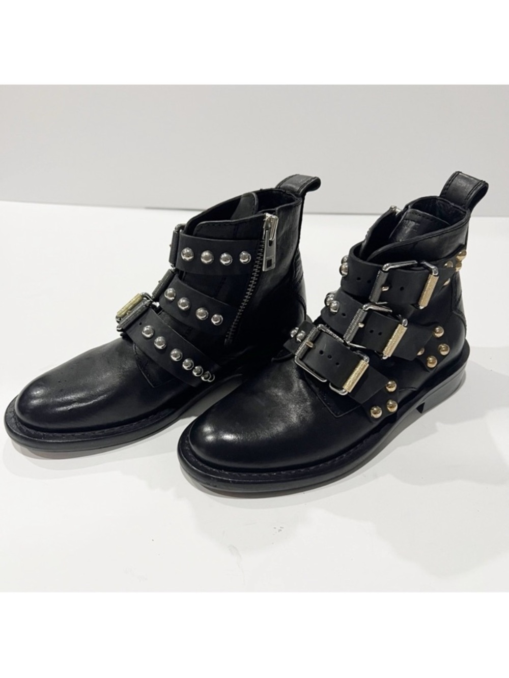 Zadig Voltaire Laureen Buckle Leather Studded Ankle Boot Black Size 36 US 5